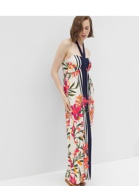 Soma Floral Halter Maxi Dress - White & Navy